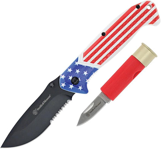 Smith and Wesson Americas Heroes Two Piece Knife Gift Set with Patriotic Red White Blue Handles and Gift Tin by Smith & Wesson