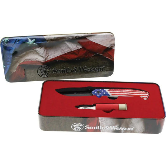 Smith and Wesson Americas Heroes Two Piece Knife Gift Set with Patriotic Red White Blue Handles and Gift Tin by Smith & Wesson
