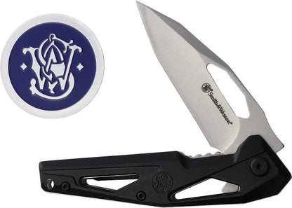Smith And Wesson Linerlock Folding Knife With Challenge Coin 4 In Closed 3 In Satin Blade Black Polymer Handle EDC by Smith & Wesson