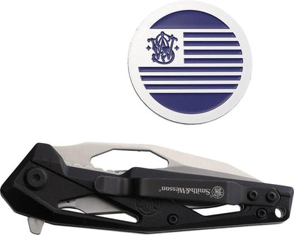 Smith And Wesson Linerlock Folding Knife With Challenge Coin 4 In Closed 3 In Satin Blade Black Polymer Handle EDC by Smith & Wesson