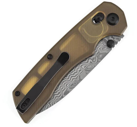 Tenable Knives Kryo Crossbar Lock PEI T1001V10 - Damascus Drop Point Blade, Amber PEI Handle, Thumb Stud And Pocket Clip by Tenable Knives