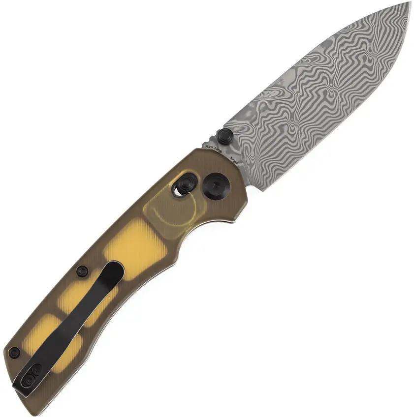 Tenable Knives Kryo Crossbar Lock PEI T1001V10 - Damascus Drop Point Blade, Amber PEI Handle, Thumb Stud And Pocket Clip by Tenable Knives