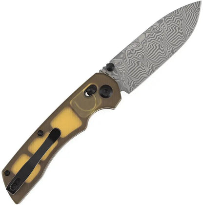Tenable Knives Kryo Crossbar Lock PEI T1001V10 - Damascus Drop Point Blade, Amber PEI Handle, Thumb Stud And Pocket Clip by Tenable Knives