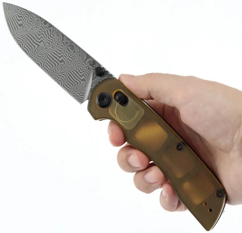 Tenable Knives Kryo Crossbar Lock PEI T1001V10 - Damascus Drop Point Blade, Amber PEI Handle, Thumb Stud And Pocket Clip by Tenable Knives