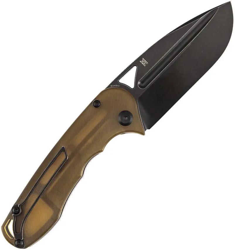 Tenable Knives Bombur Linerlock Amber PEI - D2 BlackWash Drop Point Blade With Thumb Pull And Pocket Clip by Tenable Knives