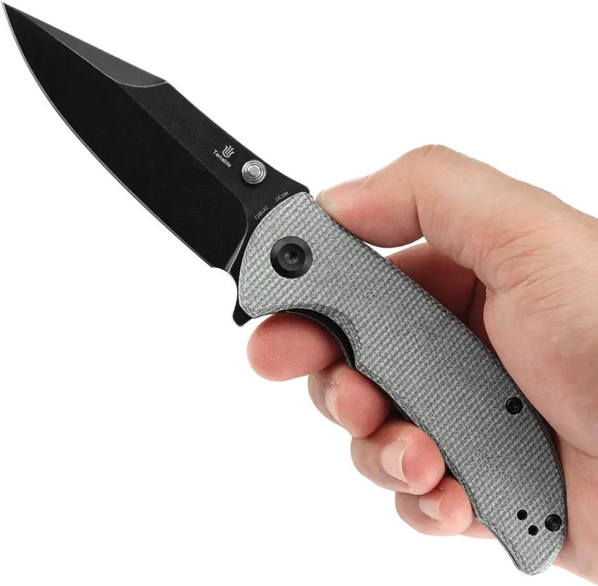 Tenable Knives Rei Linerlock - Green Canvas Micarta Handle Extended Tang Thumb Stud 3.25in Black Stonewash Blade by Tenable Knives