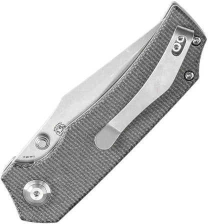 Tenable Knives Fermi Linerlock - Stonewashed 14C28N Sandvik Stainless Recurve Blade Black Micarta Handle Pocket Clip by Tenable Knives