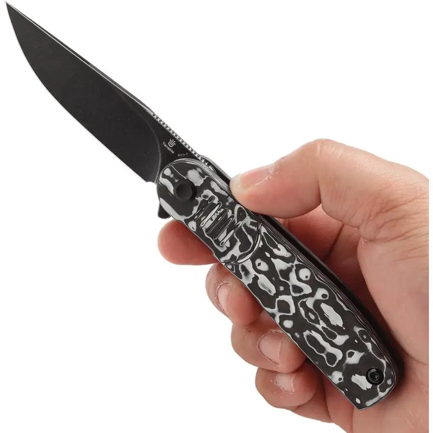 Tenable Knives Einar Linerlock White CF - Nitro V Drop Point Blade With BlackWash Finish And Extended Tang by Tenable Knives