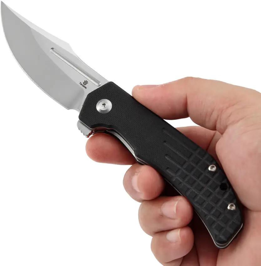 Tenable Knives Orion Linerlock Black G10 Satin Sandvik 14C28N Clip Point Knife With Extended Tang And Pocket Clip by Tenable Knives