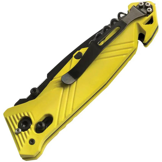 TB Outdoor CAC Axis Lock Knife - Yellow Handle, 3.38in Black Nitrox Blade, Belt Cutter, Glass Breaker, Corkscrew by TB Outdoor