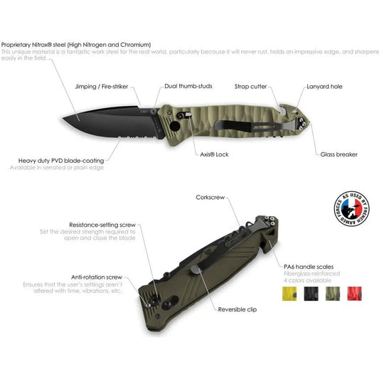 TB Outdoor CAC Utility Axis Lock Knife - Serrated Nitrox Steel Blade OD Green Handle Belt Cutter Glass Breaker by TB Outdoor