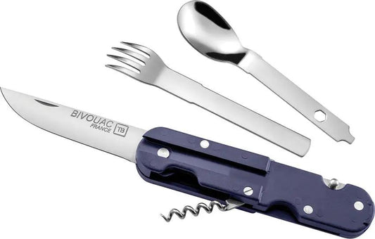 TB Outdoor French Army Camp Knife Blue - 5.5 Inch Closed Multi Tool With Corkscrew Blades Spoon And Fork by TB Outdoor