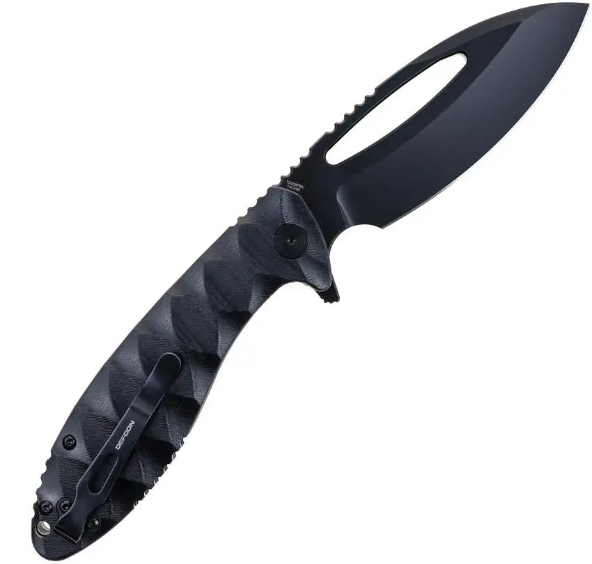 Defcon Tactical Linerlock Folding Knife - Black Coated 14C28N Sandvik Blade G10 Handle Extended Tang by Defcon