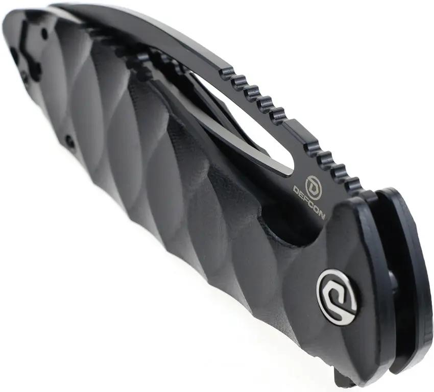 Defcon Tactical Linerlock Folding Knife - Black Coated 14C28N Sandvik Blade G10 Handle Extended Tang by Defcon