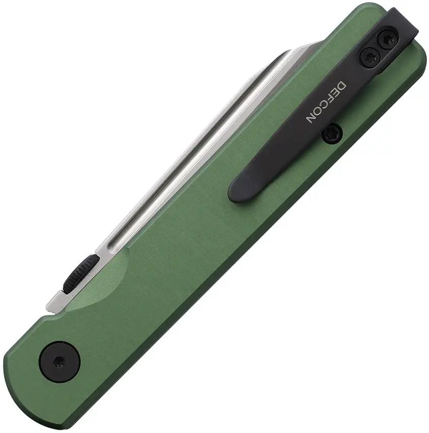 Defcon Operator Button Lock OD And 3 Inch Satin Finish Reverse Tanto Blade With Olive Drab Aluminum Handle And Thumb Disk by Defcon