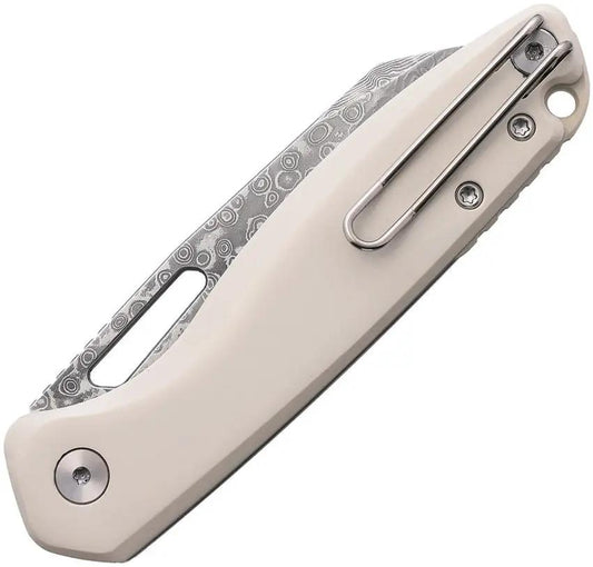 Defcon Warhawk Button Lock Knife White PEEK Handle With Blue Jewel Inlay Damascus Steel Sheepsfoot Blade by Defcon
