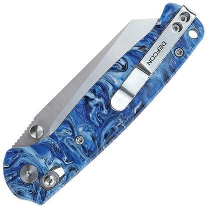 Defcon Artifact Axis Lock - Blue White Marble Epoxy Resin Handle 14C28N Stainless Brushed Blade by Defcon