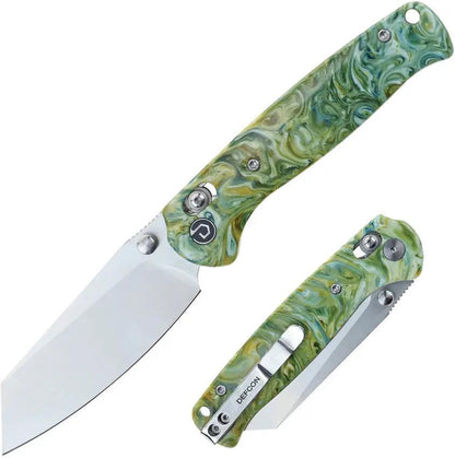 Defcon Artifact Axis Lock Knife - Green Gold Marble Epoxy Handle With 3.25 Inch 14C28N Sandvik Blade by Defcon