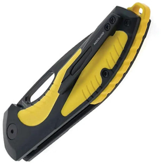 Defcon Fang Lite Button Lock - 3.5 Inch Black Cerakote M-Cut Drop Point Blade With Black And Yellow G10 Handle by Defcon