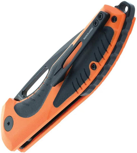 Defcon Black Fang Lite Button Lock TD1002OGBK - 3.5 Inch Black Cerakote M-Cut Drop Point Blade, Black Orange G10 Handle by Defcon
