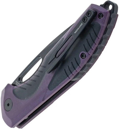 Defcon Black Fang Lite Button Lock TD1002PPBK - 3.5in Black Cerakote Drop Point Blade With Purple G10 Handle by Defcon