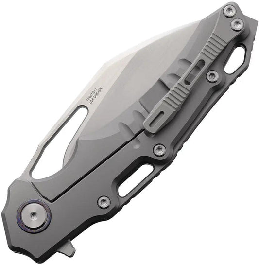 Defcon Gravity Framelock Gray Folding Knife - 5in Closed, M390 Blade, Titanium Handle with Damascus Inlay by Defcon