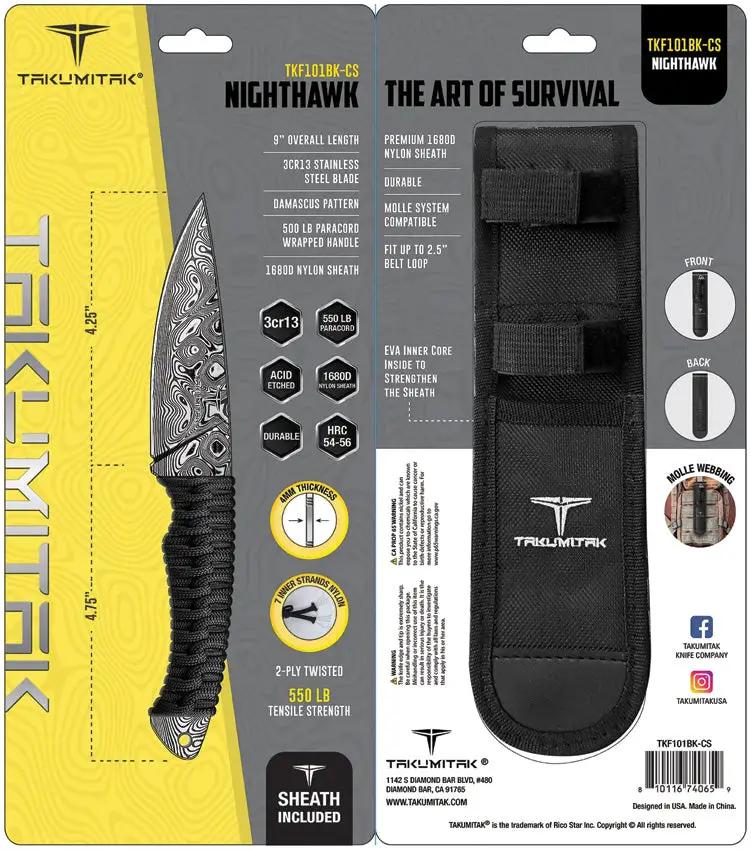 Takumitak Nighthawk Fixed Blade Knife - Acid Etched Damascus Pattern Blade With Full Tang And Black Cord Wrapped Handle by Takumitak