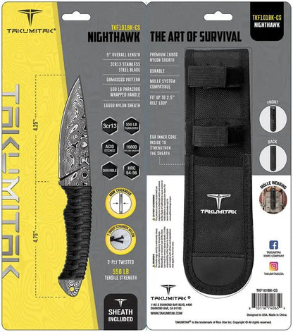 Takumitak Nighthawk Fixed Blade Knife - Acid Etched Damascus Pattern Blade With Full Tang And Black Cord Wrapped Handle by Takumitak