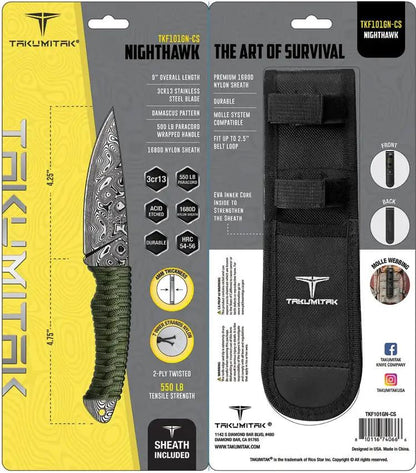 Takumitak Nighthawk Fixed Blade - Green Cord Wrapped Handle With Damascus Pattern Blade by Takumitak