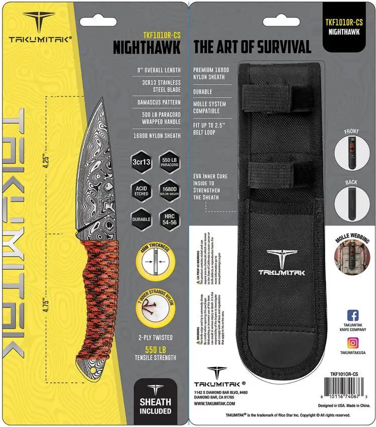 Takumitak Nighthawk Fixed Blade Orange - High Visibility Cord Wrapped Handle Full Tang 9 Inch Overall by Takumitak
