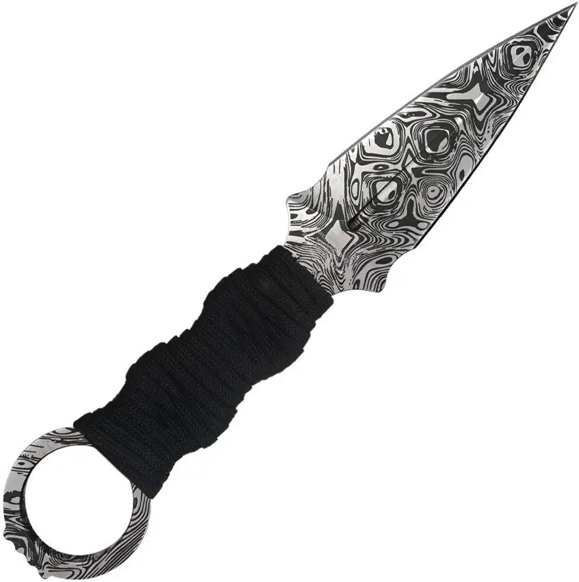 Takumitak Defender Fixed Blade Knife - Damascus Pattern Acid Etched Blade, Black Cord Wrapped Handle, MOLLE Sheath by Takumitak