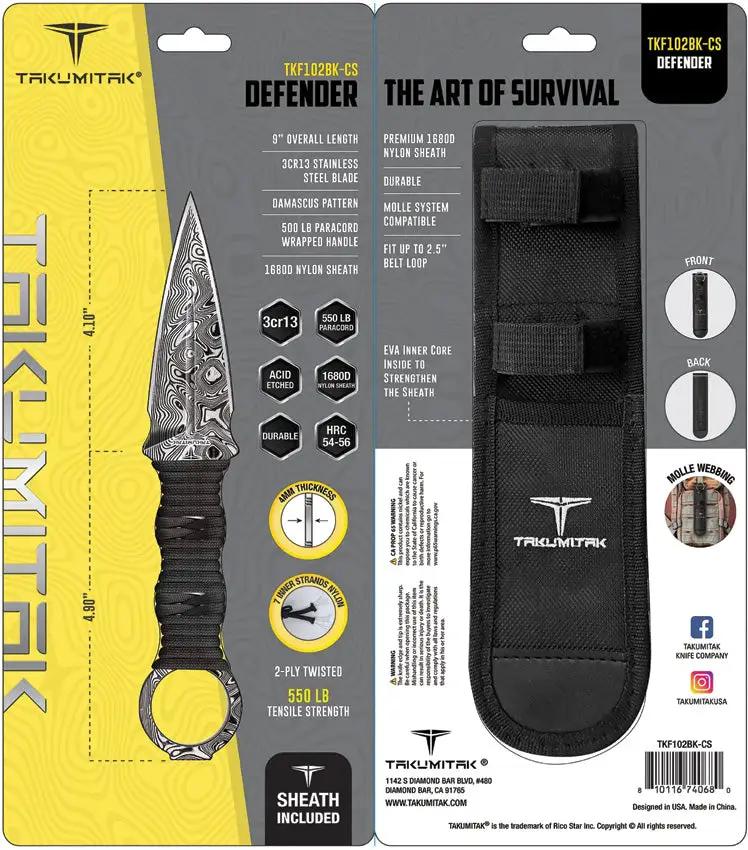 Takumitak Defender Fixed Blade Knife - Damascus Pattern Acid Etched Blade, Black Cord Wrapped Handle, MOLLE Sheath by Takumitak