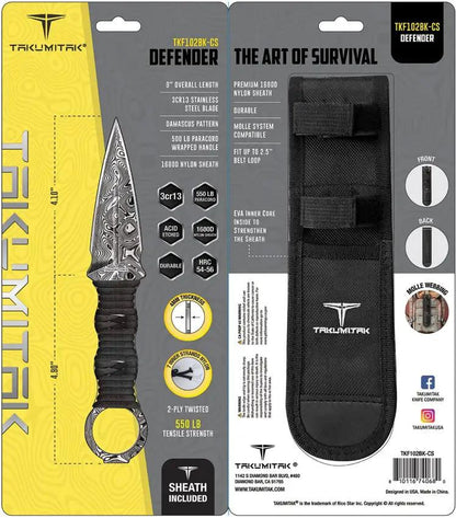 Takumitak Defender Fixed Blade Knife - Damascus Pattern Acid Etched Blade, Black Cord Wrapped Handle, MOLLE Sheath by Takumitak