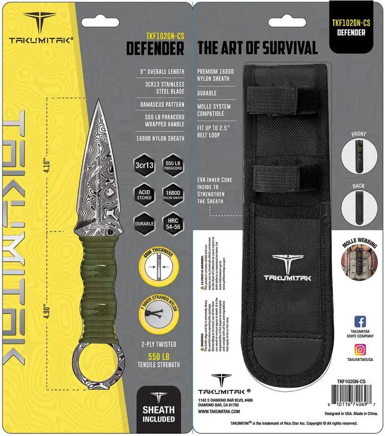 Takumitak Defender Fixed Blade Knife - Damascus Pattern Blade With Green Cord Wrapped Handle by Takumitak