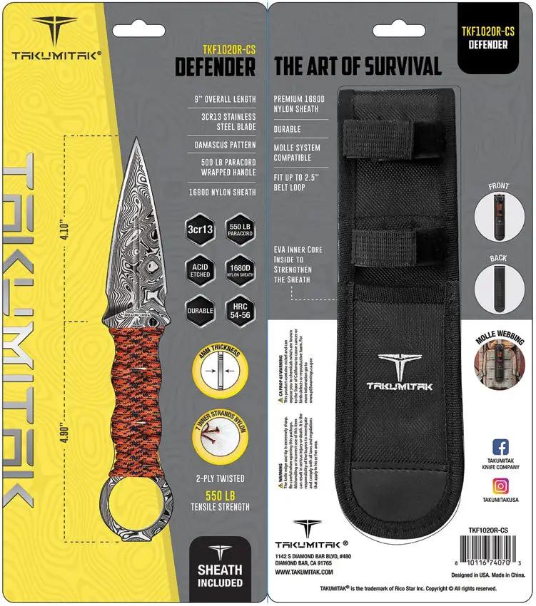 Takumitak Defender Fixed Blade Orange TKF102OR-CS - 9in Overall, Double Edge 3Cr13 Dagger With Orange Cord Wrap by Takumitak
