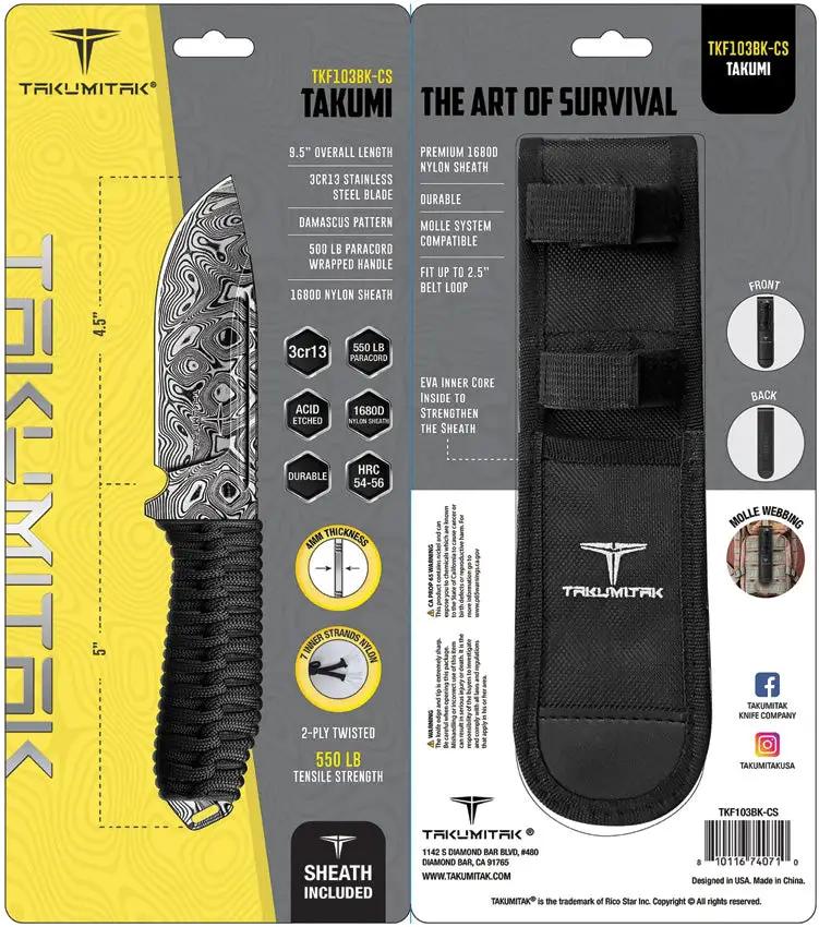 Takumitak Takumi Fixed Blade Knife - 9.5 Inch Overall, 4.5 Inch 3Cr13 Damascus Etched Blade, Cord Wrapped Handle by Takumitak