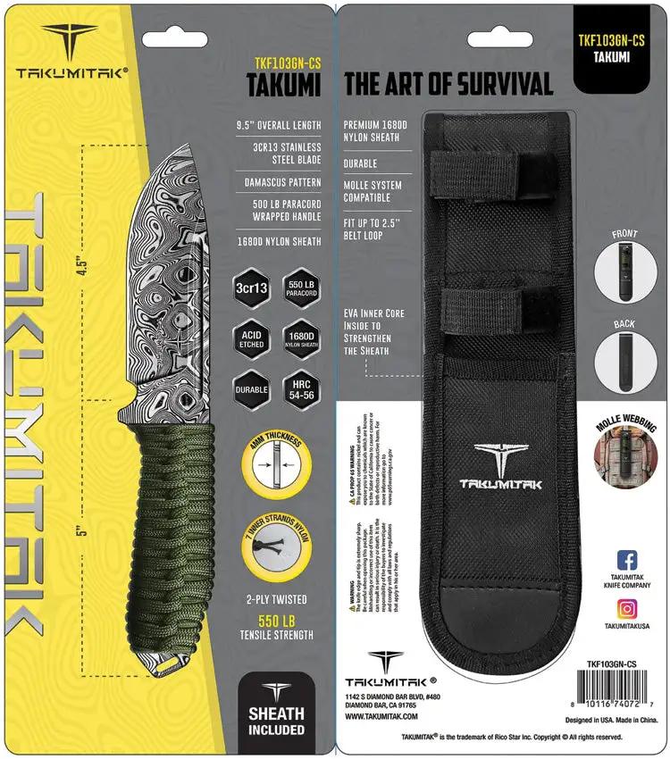 Takumi Fixed Blade Knife Green TKF103GN-CS - Full Tang With Acid Etched Damascus Pattern Blade And Lanyard Hole by Takumitak