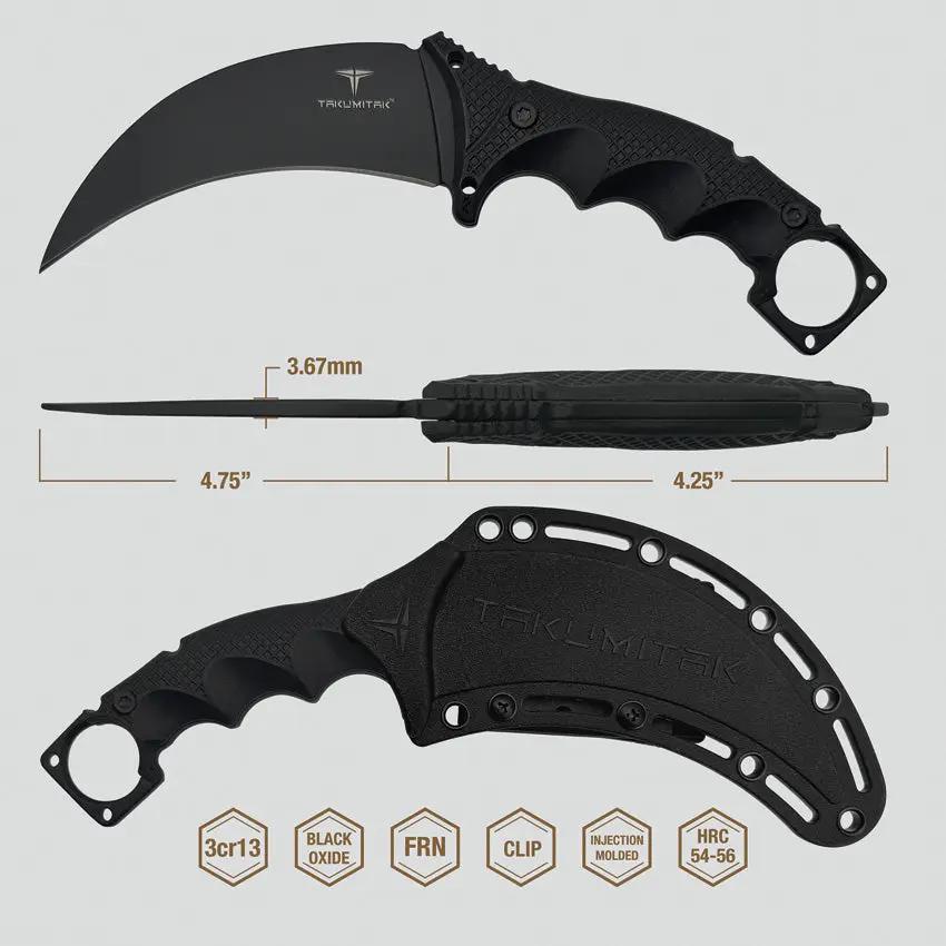 Takumitak Midnight Fixed Blade TKF307 - Black Oxide 3Cr13 Karambit Blade With Ambidextrous Molle Clip by Takumitak