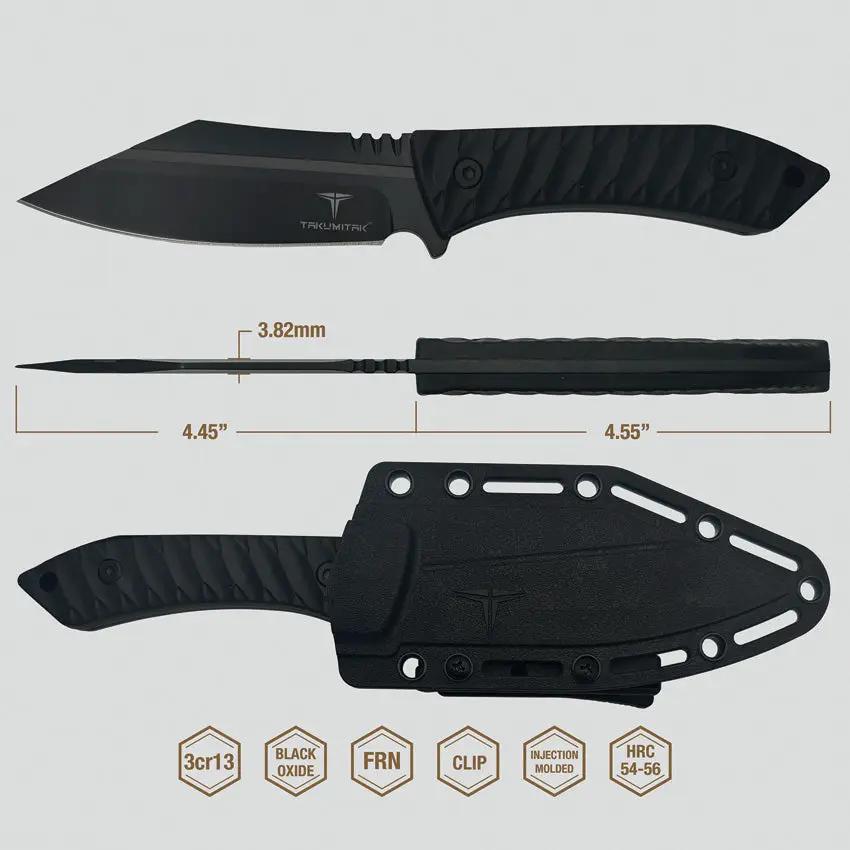 Takumitak Asym Fixed Blade TKF318 - Durable 4.5in Black Oxide Sheepsfoot Blade, Full Tang, Ambidextrous MOLLE Clip by Takumitak