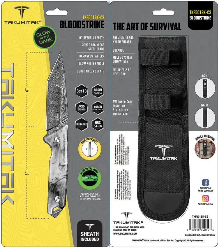 Takumitak Bloodstrike Fixed Blade TKF501BK-CS - Damascus Pattern Blade With Black Glow Handle And 9 Inch Overall by Takumitak