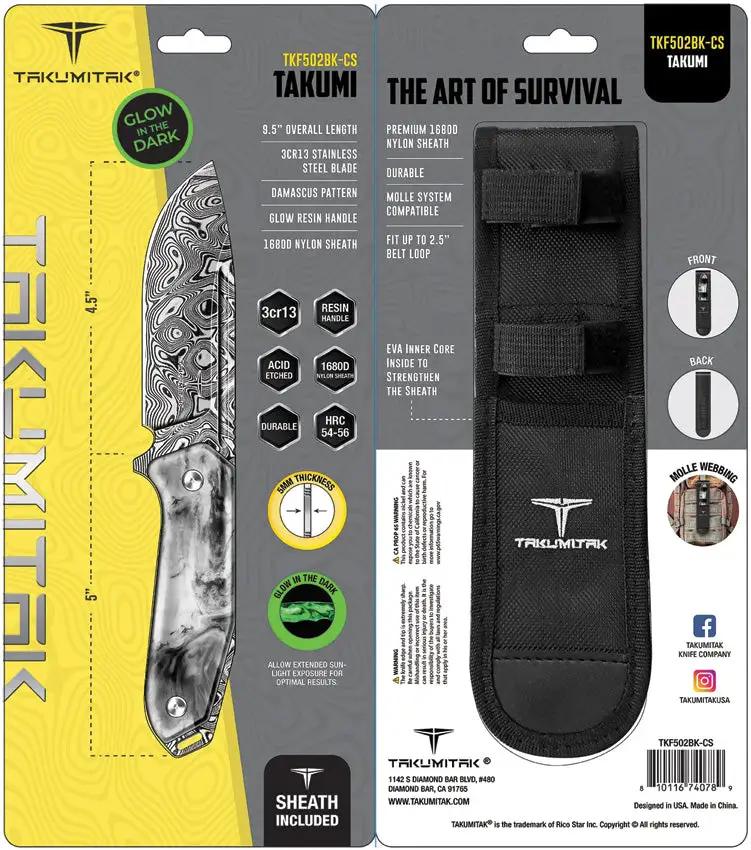 Takumitak Takumi Fixed Blade Knife - 9.5 Inch Overall Damascus Pattern Blade Glow Resin Handle MOLLE Belt Sheath by Takumitak