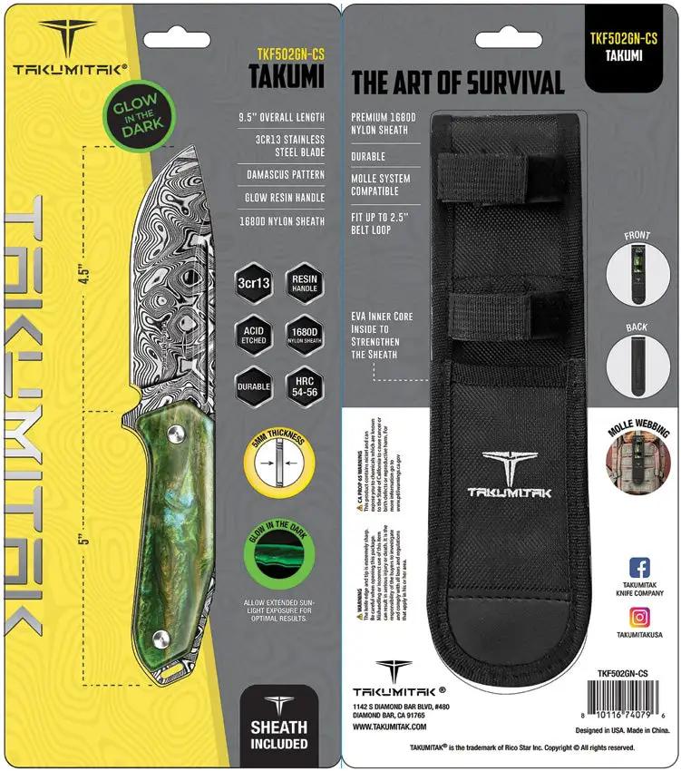 Takumitak Takumi Fixed Blade Green TKF502GN-CS - Acid Etched Damascus Blade With Green Glow Resin Handle And MOLLE Sheath by Takumitak