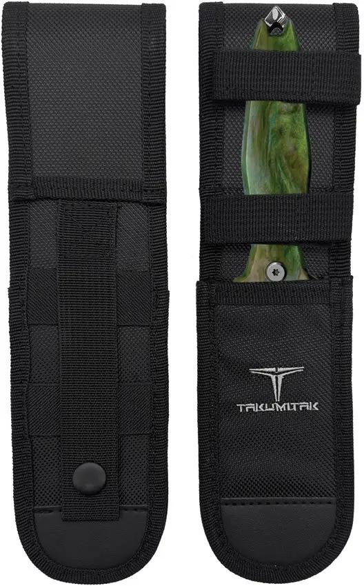 Takumitak Protector Fixed Blade Knife - Acid Etched Damascus Pattern Blade With Green Glow Resin Handle by Takumitak