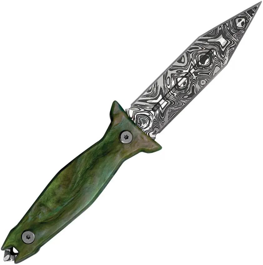 Takumitak Protector Fixed Blade Knife - Acid Etched Damascus Pattern Blade With Green Glow Resin Handle by Takumitak