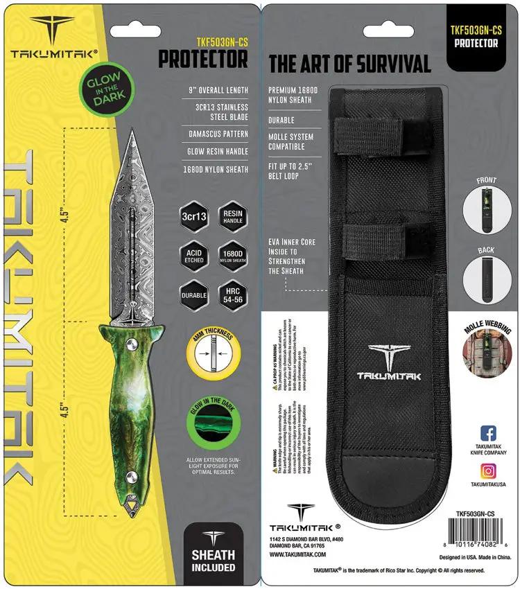 Takumitak Protector Fixed Blade Knife - Acid Etched Damascus Pattern Blade With Green Glow Resin Handle by Takumitak