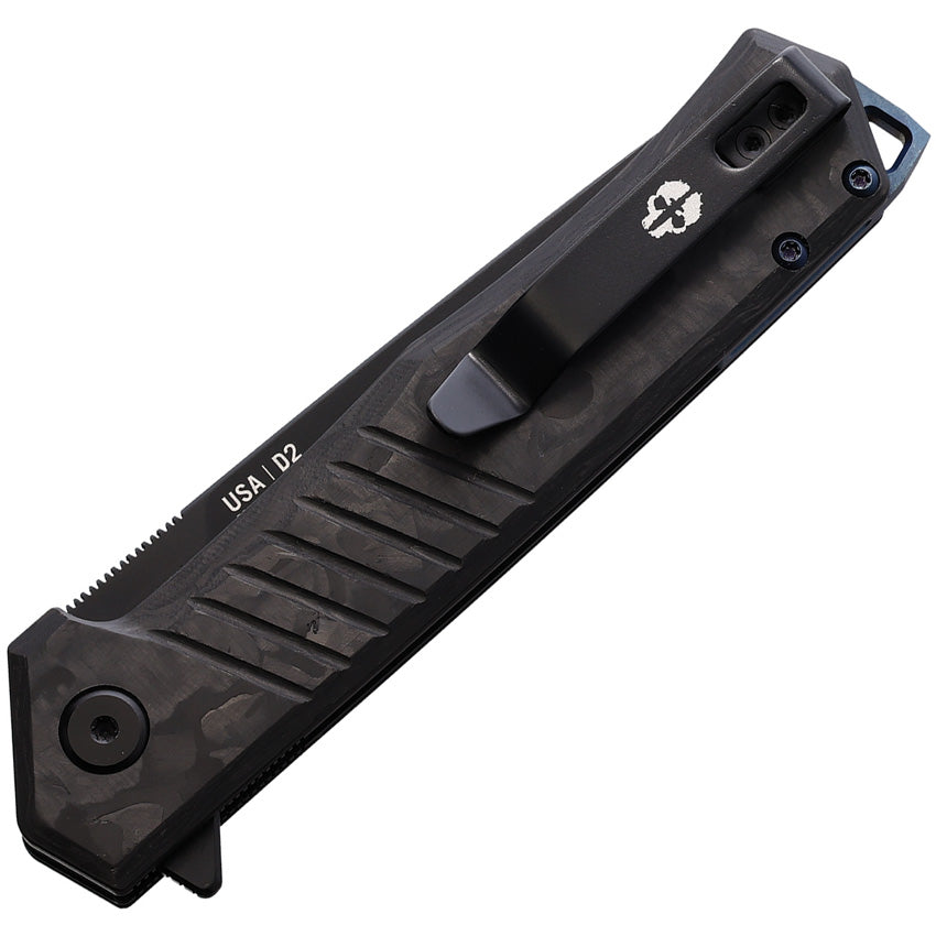 Tekto Knives F1 Alpha Linerlock CF Blue - D2 Black Titanium-Coated Blade, Carbon Fiber Handle, Glass Breaker by Tekto Knives