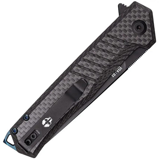 Tekto Knives F1 Alpha Linerlock CF Blue - D2 Blade, Carbon Fiber Handle, Extended Tang, Glass Breaker, Pocket Clip by Tekto Knives