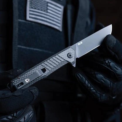 Tekto Knives F1 Alpha Linerlock CF Blue - D2 Blade, Carbon Fiber Handle, Extended Tang, Glass Breaker, Pocket Clip by Tekto Knives