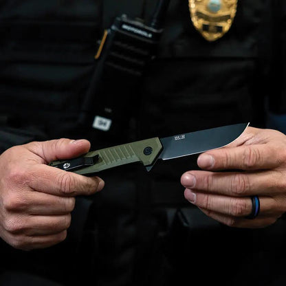 Tekto Knives F1 Alpha Linerlock - D2 Tool Steel Blade With Black Titanium Coating And OD Green G10 Handle by Tekto Knives