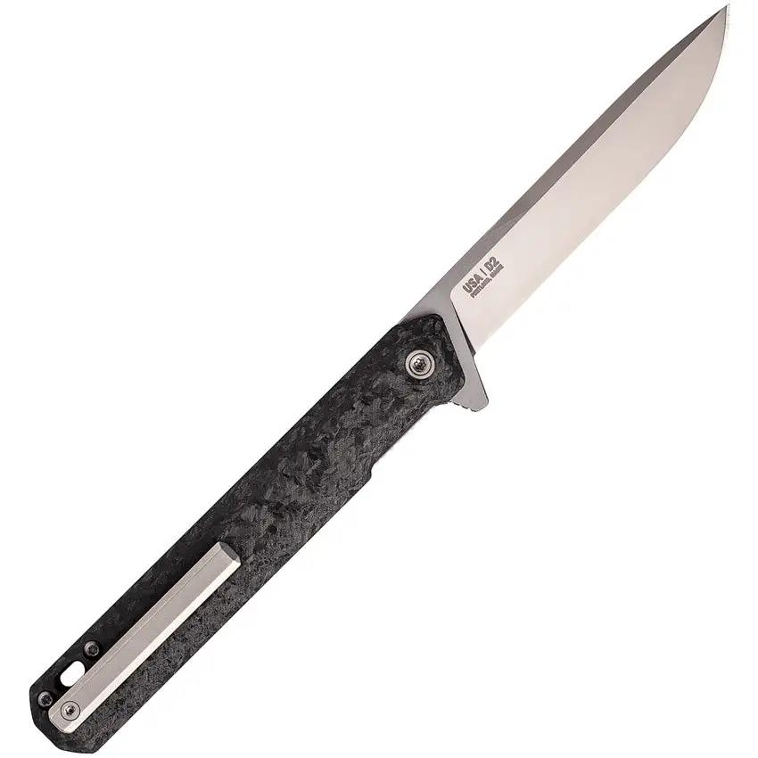 Tekto Knives F2 Bravo Linerlock CF Silver Titanium Accents D2 Tool Steel 3.25in Blade - Extended Tang Lanyard Hole Clip by Tekto Knives